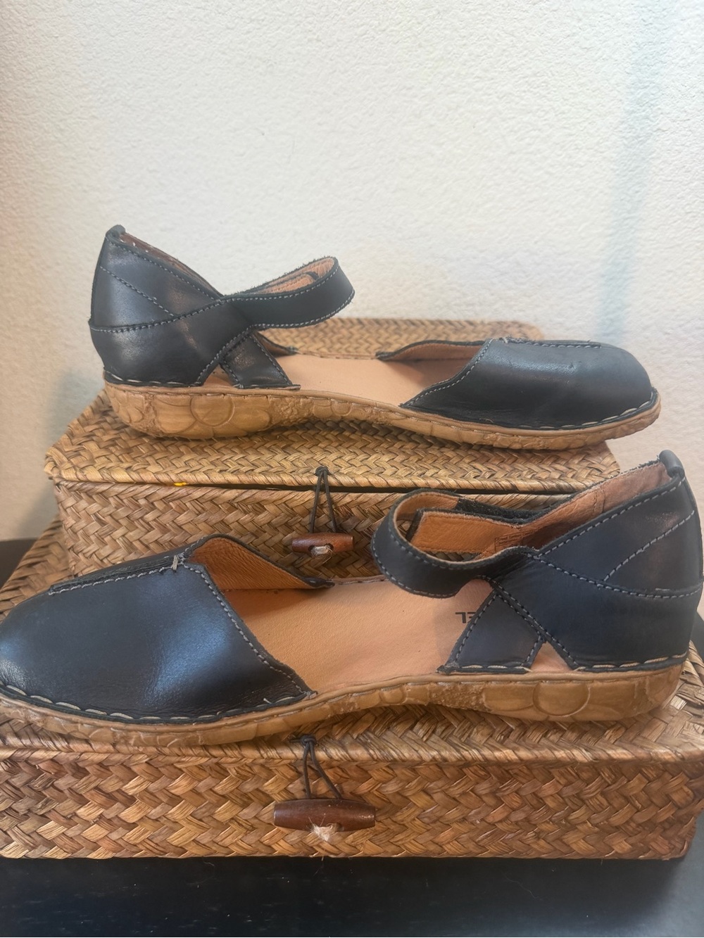 Josef Seibel Black Leather Mary Jane Flats with Brown/Tan Sole